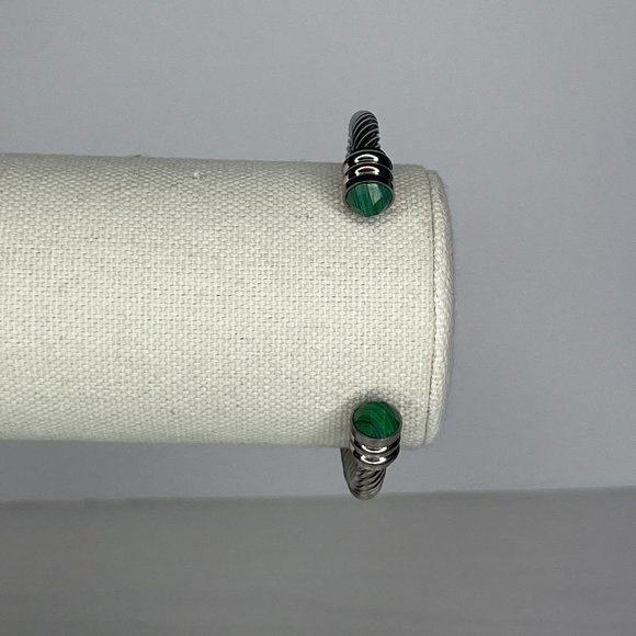 Genuine Malachite Silver Tone Twist Cable Cuff Bracelet - Picture 2 of 3